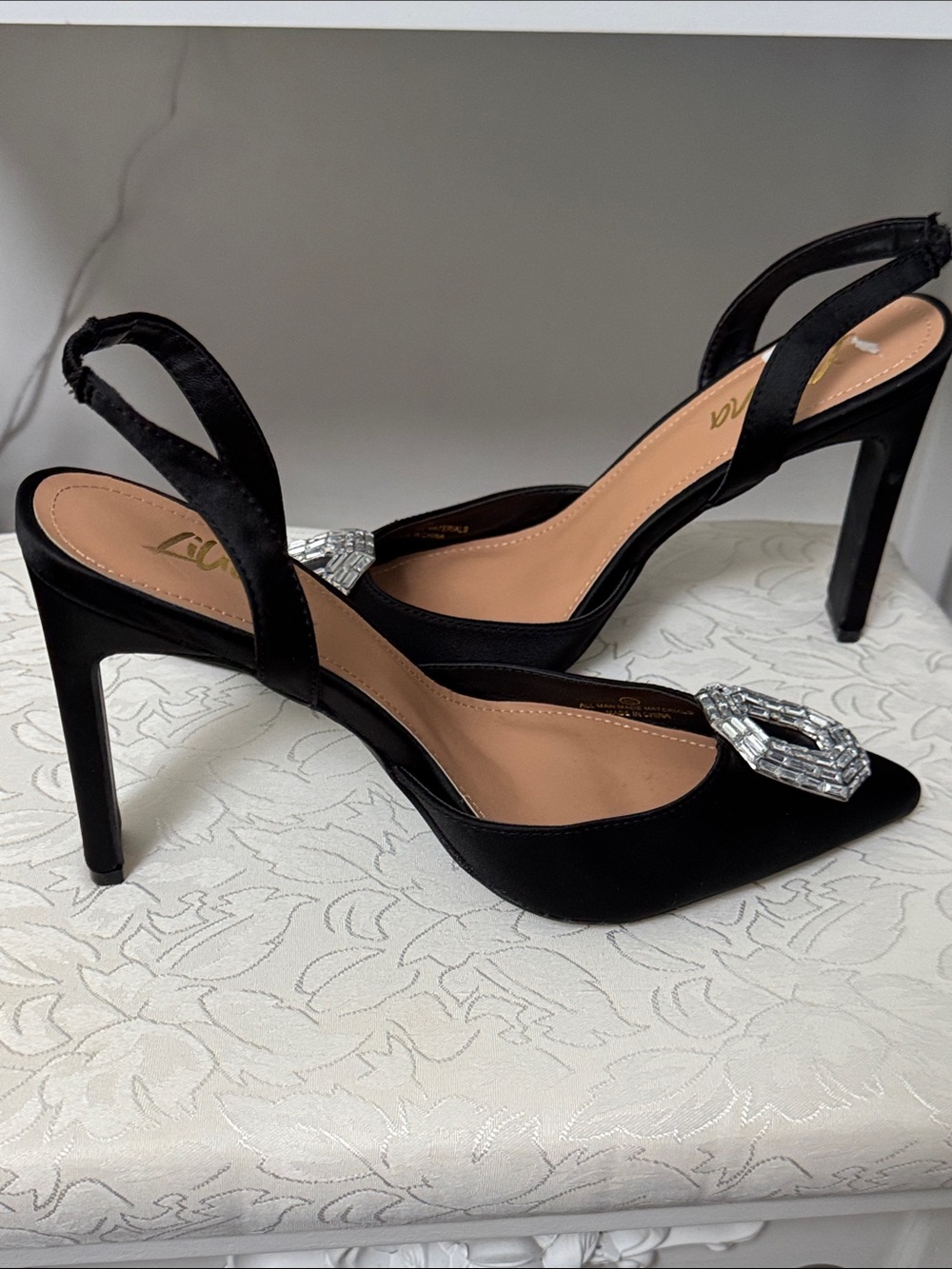 Slingback High Heel Pumps with Crystal Buckle - Black